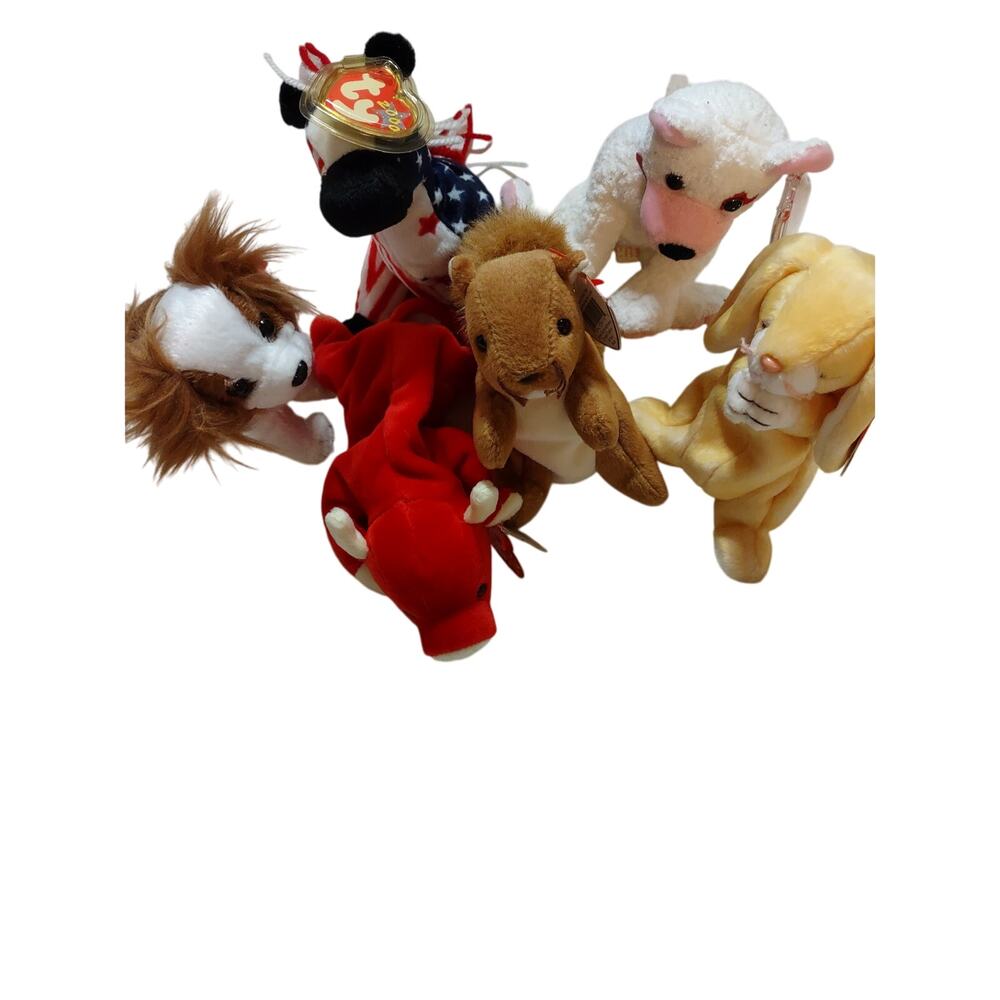 Lot of six TY Beanie Babies Regal Snort Lefty Cupid Nuts Grace 90's Y2K